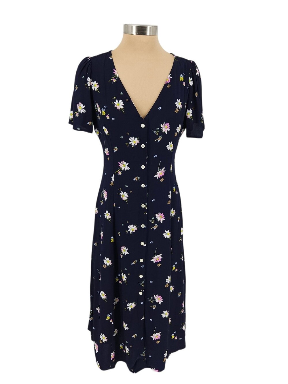 GAP Midi Fit Flare Dress Navy Blue Floral Short Sleeve V Neck Button Up 8